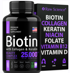Biotin Collagen Keratin Hydrolyzed Peptide Supplement by Raw Science - Hair Skin Nails Vitamins