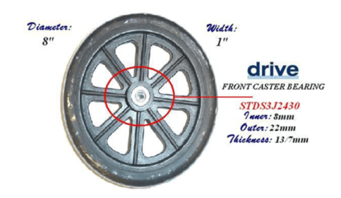 Front Wheel, 8mm Bearings for 10952B & Cruiser Wheelchair  (Each)