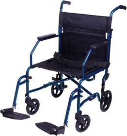 Transport Chair 19” Steel Metallic Blue Folding - Perfect For Travel - Supports 300 LBS