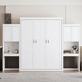 Queen Size Murphy Bed with Desk, Vanity and Cabinets, White