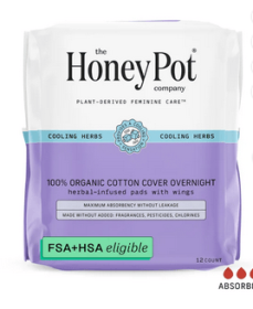 The Honey Pot Company, Herbal Overnight Pads with Wings, Organic Cotton Cover, 12 ct.