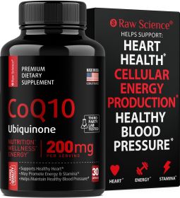 Raw Science CoQ10 200mg Antioxidant Heart Health-Brain Support-Ubiquinone- Mitochondrial Supplement