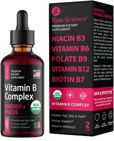Vitamin B Complex Liquid Supplement by Raw Science - Vitamins B3 B6 B9 Folic Acid for Optimal Health Hair Skin Nails Support Vegan Super B Complex
