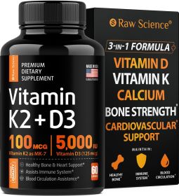 Raw Science Vitamin D3 K2 Calcium Supplement Vitamin D 5000 IU Vitamin K2 MK7 100 mcg for Immune Support Bone Strength Heart Health