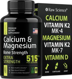 Raw Science Calcium Magnesium Bone Strength Supplement w/Vitamin D/K2 Plant Based Calcium - 515MG/Serving 90 Caps