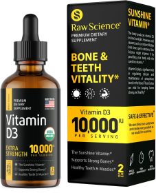 Raw Science Vitamin D3 Drops 10000 IU for Supports Strong Bones & Healthy Heart Vit D3 for Mood & Immune System Function