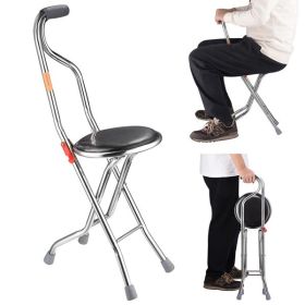 2-in-1 Folding Cane Seat Holds 187.4 Lbs, Thick Travel Seat and Cane, Four-Leg Folding Walking Stick