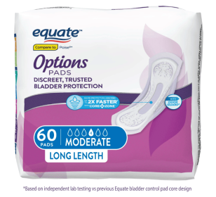 Equate Options Women's Incontinence Pads, Moderate Absorbency, Long Length (60 Count)