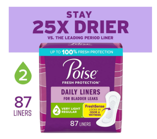Poise Daily Incontinence Panty Liners, 2 Drop Very Light Absorbency, Regular, 87 Count