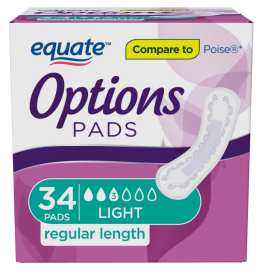 Equate Options Incontinence Pads for Women, Light Absorbency , Regular Length (34 Count)