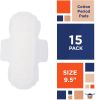 Cotton Period Pads for Women 9.5", Pack of 15 Organic Pads with Wings, Unscented Feminine Pads, Individually Packaged Maxi Pads with Wings