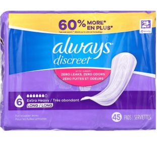 Always Discreet Incontinence Pads, Extra Heavy Absorbency, Long Length, 45 CT (44269239df: Always Discreet Incontinence Pads)