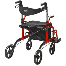 VEVOR 2 in 1 Rollator Walker & Transport Chair, 300 Lb Wt Capacity, Folding Rolling Walker Wheelchair Combo with Footrests (Color: Red)